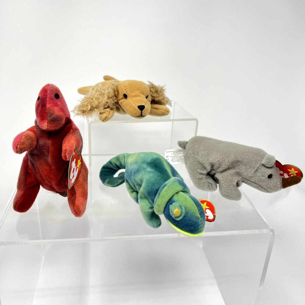Ty Beanie Babies Iggy The Iguana, Rex The Tyrannosaurus, Spunky Dog, Rhinoceros
